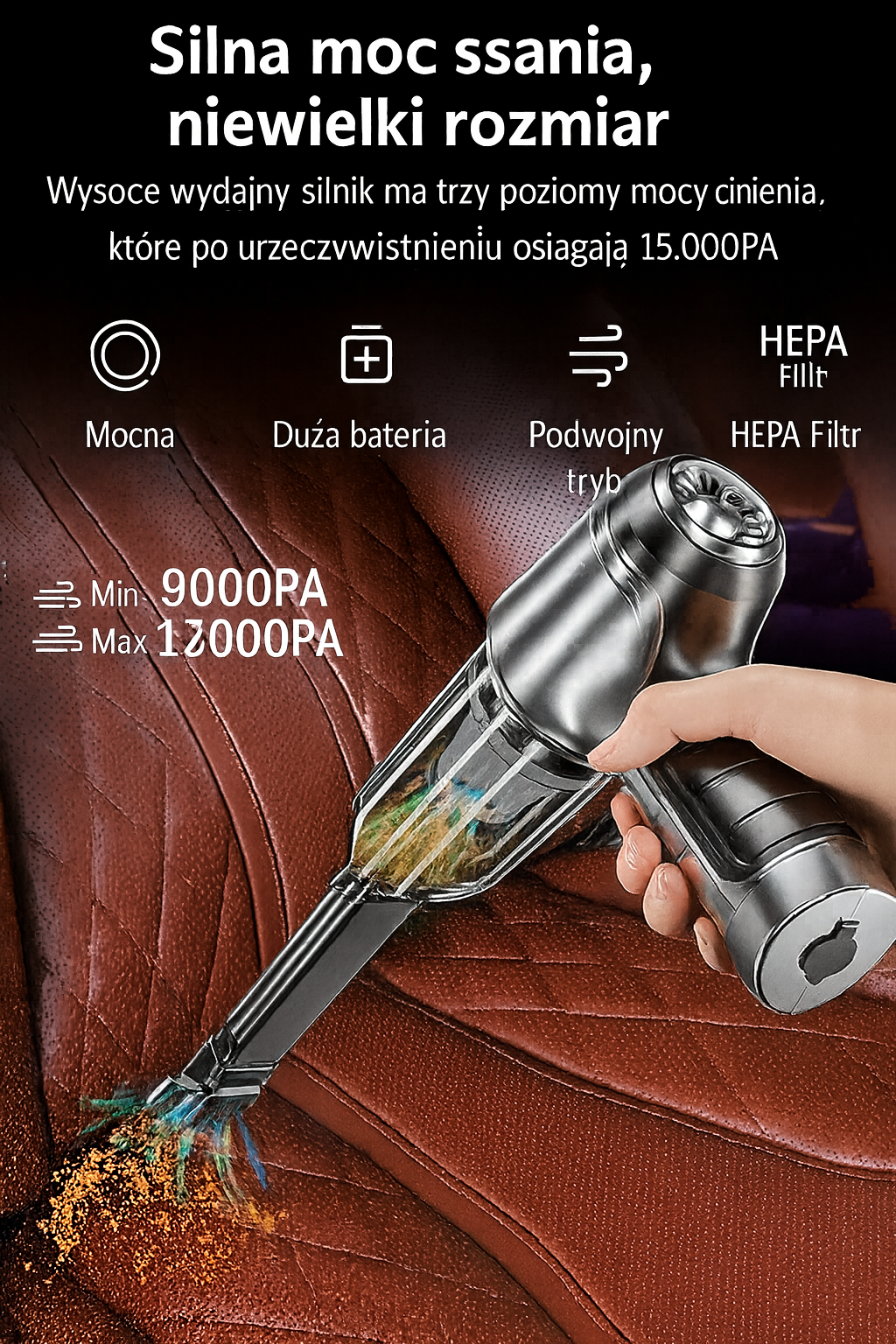 QuickClean 3.0 Bezprzewodowy odkurzacz przenośny, 15000 Pa, 120W, 2 poziomy mocy, filtr HEPA